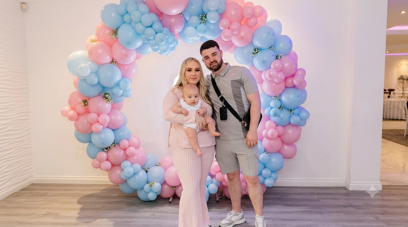 Baby shower styling at Notesable Events in Wirral with balloons and a dressed cake table